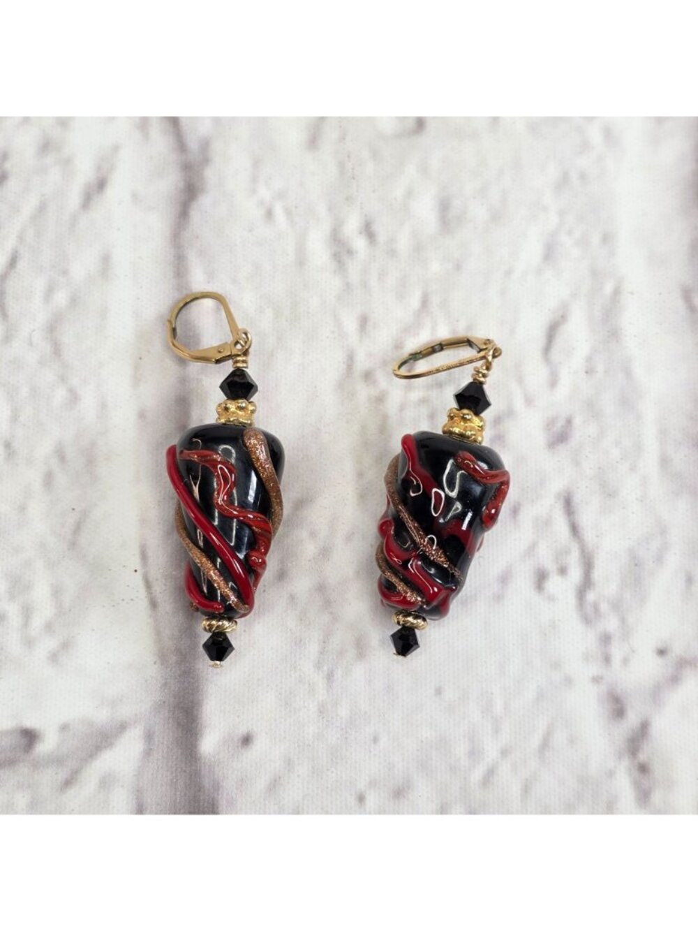 Vintage Glass Necklace & Earrings Set Venetian Murano? Black & Red Dangle - Picture 3 of 8